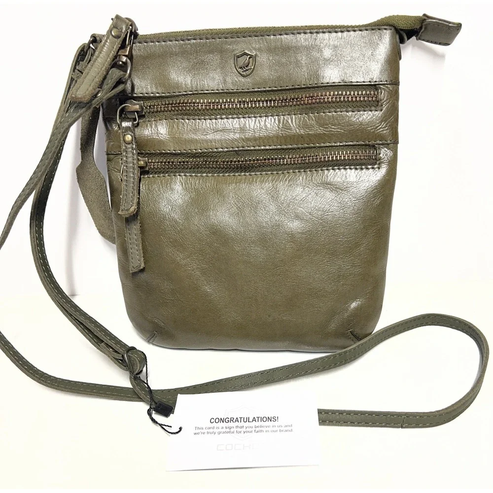 COCHOR Olive Green Soft Leather Crossbody Purse Travel Bag Adjustable Strap NWT